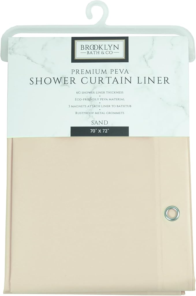 Home Expressions Brooklyn Bath & Co. Premium PEVA Shower Curtain Liner – Beige, 70 x 72 Inch, Waterproof Heavy Duty Shower Liner with Grommets & 3 Magnets (Sand)