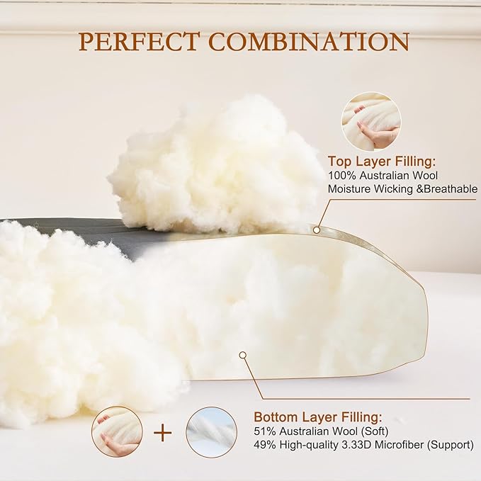 YOUR MOON Natural Soft Wool Pillow Queen Size, Support Soft Bed Pillows for Sleeping, Premium Australian Wool Filling with 100% Cotton Cover, Down Alternative Pillows (Gray)