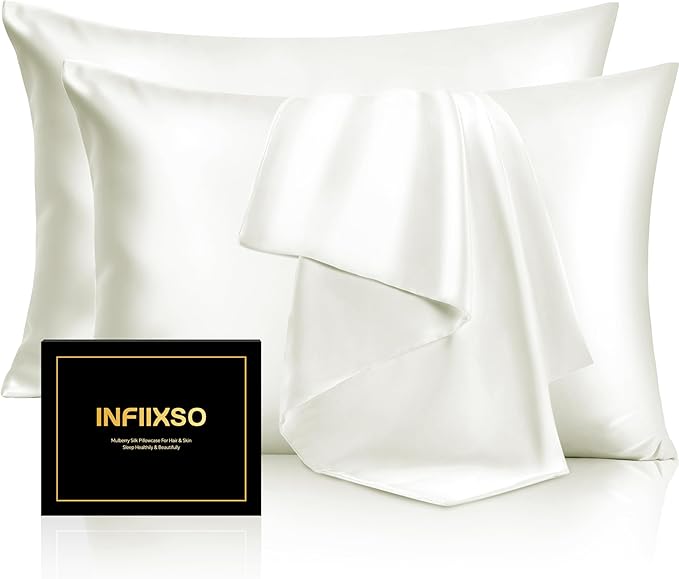 INFIIXSO Silk Pillow Cases 2 Pack Standard Size, Ultra Smooth & Soft Mulberry Silk Pillow Case for Hair and Skin, Breathable Cooling Silk Pillowcase with Hidden Zipper (Cream, 20x26 Inches)