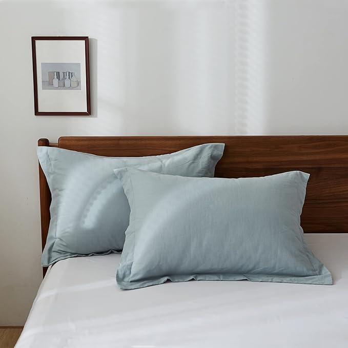100% French Linen Pillow Shams Basic Style - Pack of 2 - Washed Solid Color Natural Flax Soft Breathable - Dusty Blue, 20'' x 36''