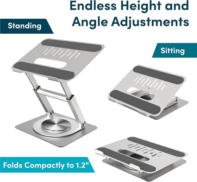 Lifelong 360 Rotating Adjustable Laptop Stand, 16" Tall Riser - Silver | Ergonomic Computer Stand with Swivel Base for 10-17" MacBook Pro & All Laptops- Portable Standing Desk Converter