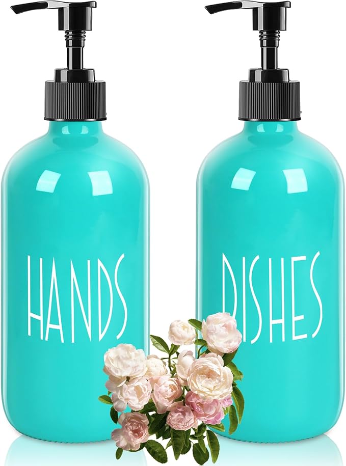 Glass Soap Dispenser with Plastic Pump for Kitchen - 16 OZ Glass Hand, Dish Soap Dispenser Set - Kitchen, Bathroom Decor and Accessories (Teal)