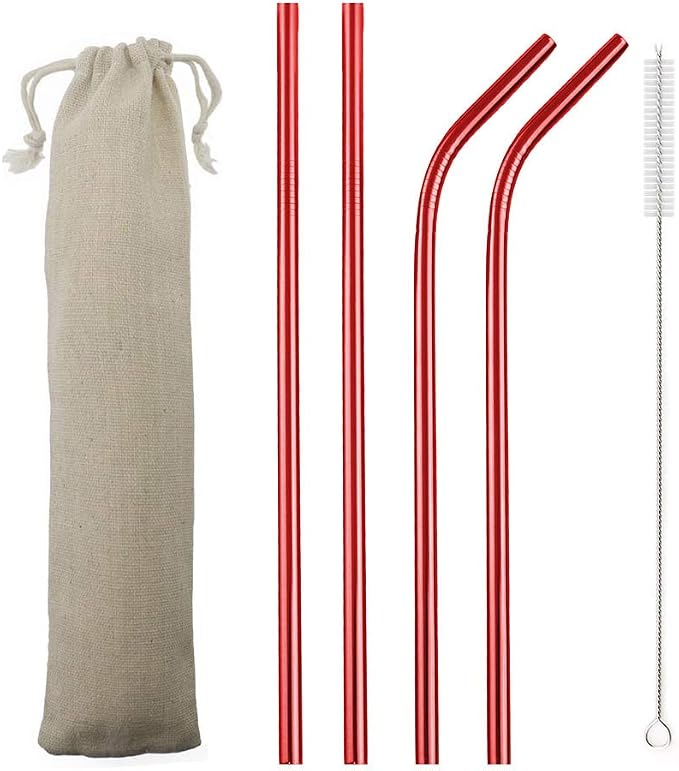 JASHII Reusable Portable Metal Straws Stainless Steel Eco-friendly Drinking Straw with Travel Cloth Bag (2 Bent 2 Straight 1 Brush),Red