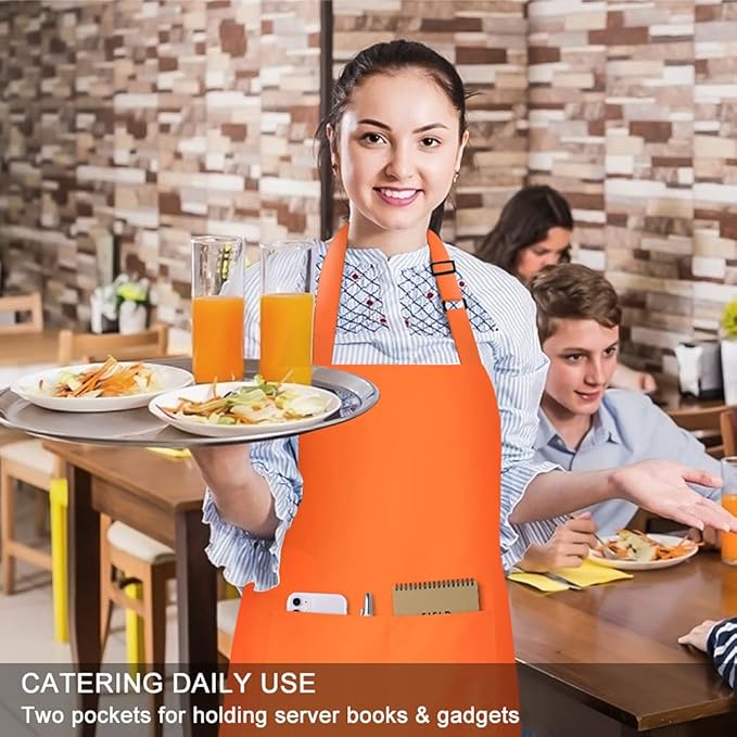 Jubatus 2 Pack 100% Cotton Aprons with 2 Pockets Cooking Chef Kitchen Adjustable Bib Apron for Women Men, Orange