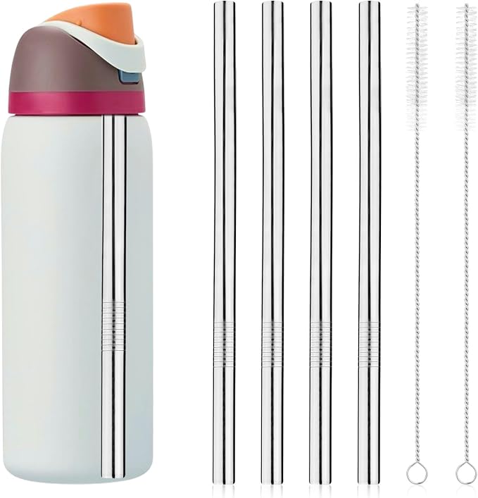 4pcs Metal Straw Replacement Parts for Owala Kids FreeSip Water Bottle 16 oz, Reusable Stainless Steel Tumbler Straw with 2 Straw Cleaner Brush