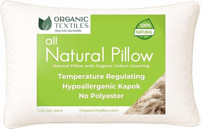 ORGANIC TEXTILES Natural Kapok Pillow with 100% Organic Cotton Cover, (Standard Size), GOTS Certified, Adjustable Loft, Cooling and Breathable, Back, Side, and Stomach Sleeper