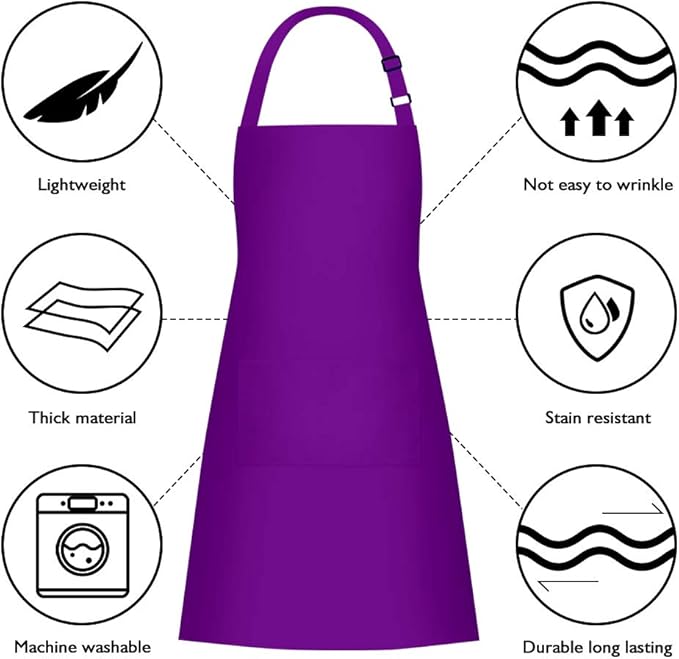 Jubatus 2 Pack 100% Cotton Aprons with 2 Pockets Cooking Chef Kitchen Adjustable Bib Apron for Women Men, Purple