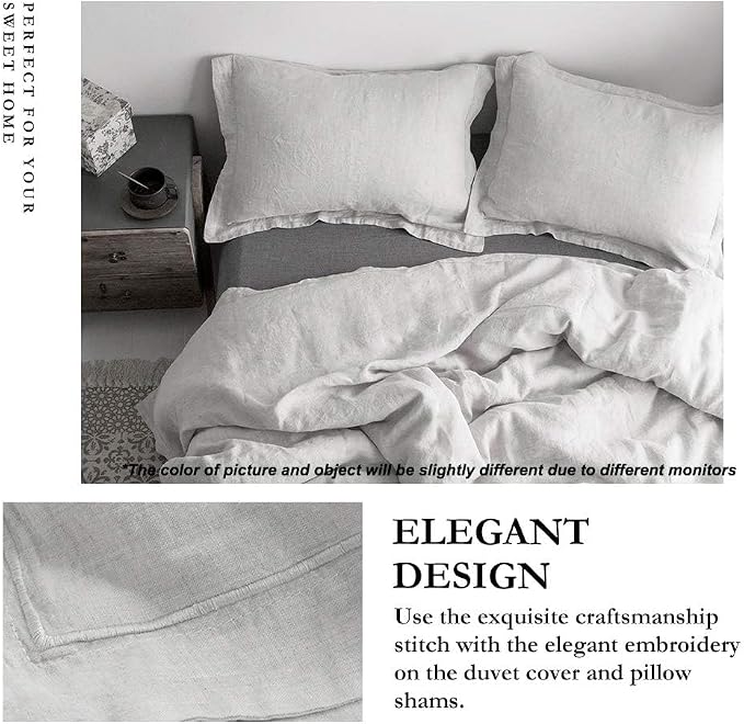 Simple&Opulence 100% Linen Duvet Cover Set with Embroidery Border Washed - 3 Pieces (1 Duvet Cover with 2 Pillow Shams) with Button Closure Soft Breathable Farmhouse - Light Grey, Queen Size