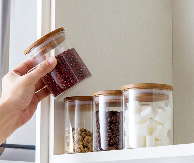 Lawei 4 Pack Glass Storage Jars with Airtight Bamboo Lids, 18.6 OZ Clear Glass Kitchen Canisters Food Storage Container for Dry Goods, Serving Tea, Coffee, Spice, Candy, Cookie
