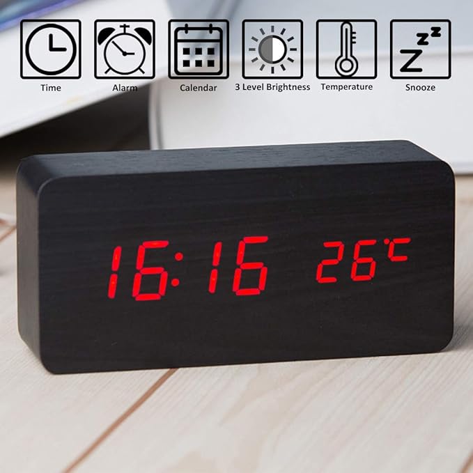 Wooden Digital Clock Multi-Function LED Alarm Clock with Time/Date/Temperature Display and Voice Control for Home Office Travel - AC11Black_Red