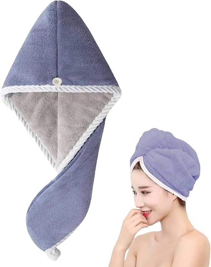 Microfiber Hair Drying Towel Wrap, Quick Dry Turban with Button Closure, Pink Blue Green, Super Absorbent, Soft Coral Fleece, White Trim
