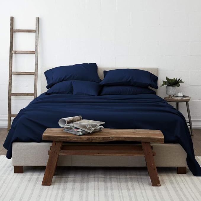 100% Organic Cotton Bed Sheets 800-Thread-Count, 16-Inch Deep-Pocket, Luxury Breathable Crisp 5-Piece Bed Sheet Set (1 Flat Sheet, 2 Fitted Sheet, 2 Pillowcases) - Split King, Navy Blue