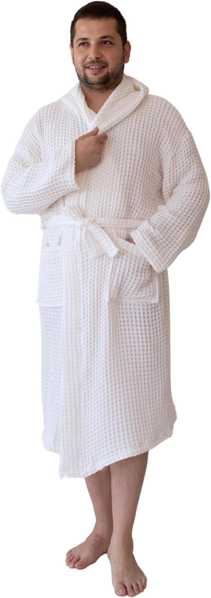 100% Turkish Cotton Men's Waffle Robe with Hooded, Premium Soft Cozy Housecoat or Quick-Dry Bathrobe for Mens