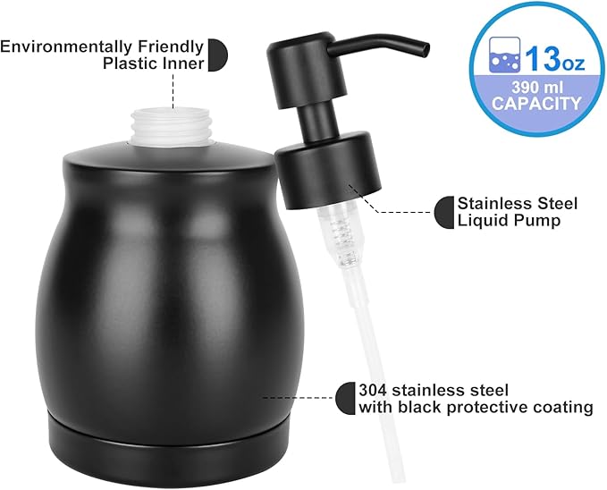 Black Stainless Steel Soap Dispenser, Modern Countertop Liquid & Lotion Dispenser for Kitchen and Bathroom-Rustproof Pump, Easy Refill & Clean-Elegant Home or Commercial Use (Black, 390ml)