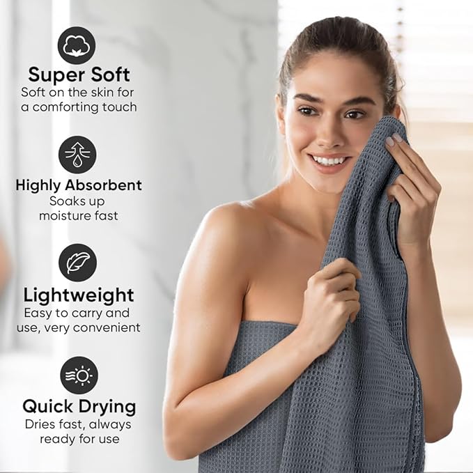 HOMEXCEL Waffle Bath Towels Set 4 Pack, Premium Microfiber Bathroom Towels, Ultra Soft, Lightweight, Highly Absorbent and Quick Dry Towel for Bathroom, Gym, Shower, Hotel, and Spa, 30 x 60 Inch, Grey