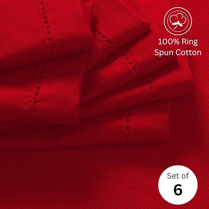 Hemstitch Cloth Dinner Napkins 100% Cotton Set of 6 - for Dining Special Occasions Weddings Parties Holidays Easter - Soft Durable Reusable - Elegant 18x18 Inch Table Cloth Napkins Red