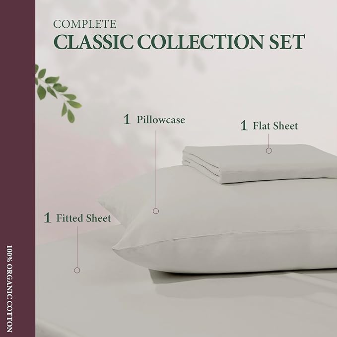 100% Organic Cotton Sheets Twin XL Size - Organic Cotton Twin XL Size Percale Weave Sheet Set (3 PC, Light Grey), Soft, Cooling, Crisp & Breathable, 16" Deep Pocket Hotel Bedding Set