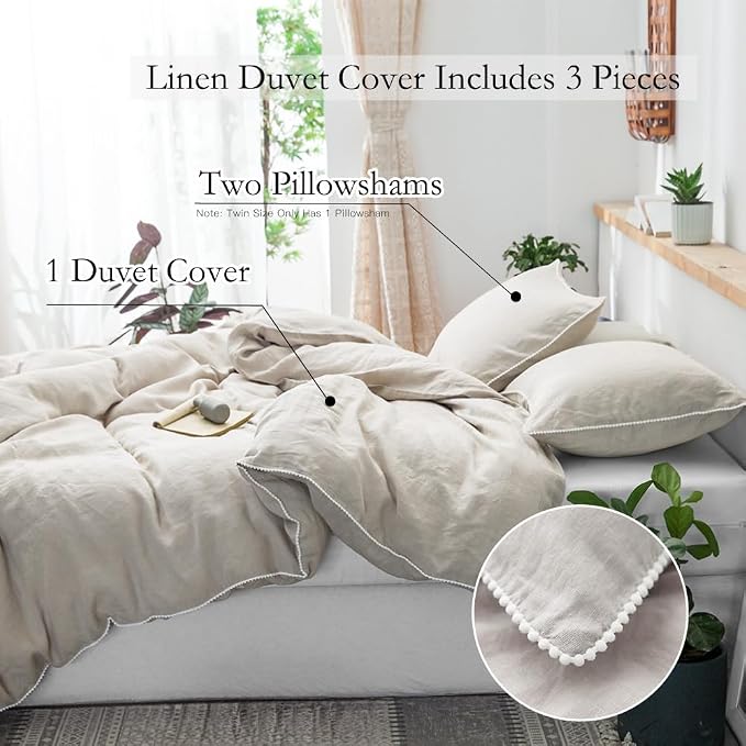 Simple&Opulence 100% Washed Linen Duvet Cover with Pom Pom Trim, Natural French Flax Bedding Set Soft Breathable,1 Farmhouse Boho Comforter Cover and 2 Pillow Shams(Queen,Natural Linen)