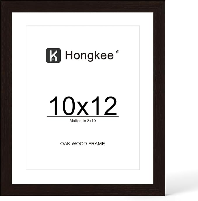 Hongkee 10x12 Oak Wood Picture Frame 1 Pack(Matted 8x10), Real Glass Cover | Black, 10 x 12 Solid Wood Frame for Wall or Tabletop Display - Includes Easel Back, Vertical Hang - Ideal for Home, Office