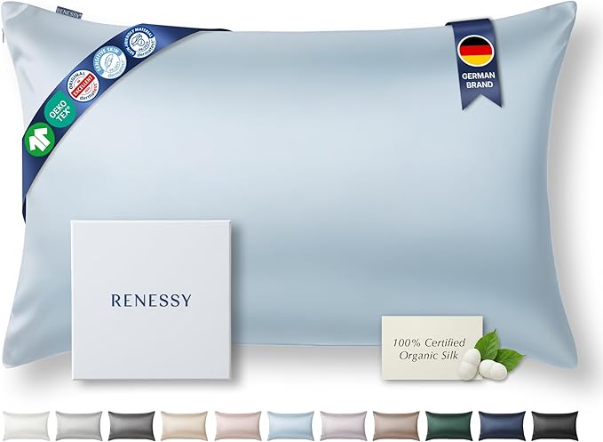 Premium Silk Pillowcase 100% Organic Mulberry Silk, 22 Momme, Grade 6A - Oeko-Tex Certified in Germany - Luxury for Hair & Skin, 1 Piece (King, Cloud Blue)