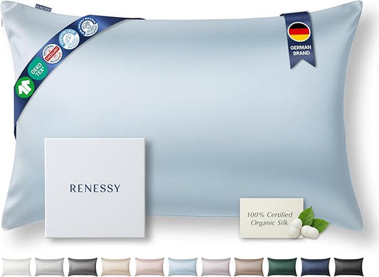 Premium Silk Pillowcase 100% Organic Mulberry Silk, 22 Momme, Grade 6A - Oeko-Tex Certified in Germany - Luxury for Hair & Skin, 1 Piece (King, Cloud Blue)