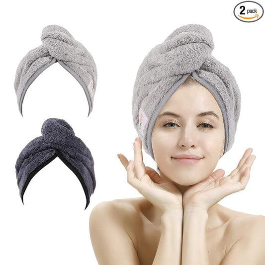 M-bestl 2 Pack Hair Drying Towels, Anti-frizz Hair Towel Wrap, Absorbent Microfiber Hair Towel Turban with Button Design for Straight Curly Hair (Dark Gray&Light Gray)