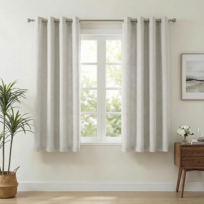 NICETOWN Linen Blended Curtains 63 Inch for Bedroom, Light Filtering Semi Sheer Burlap Curtains Farmhouse Grommet Privacy Window Drapes for Living Room, 2 Panels (52 x 63 Inch, Natural)