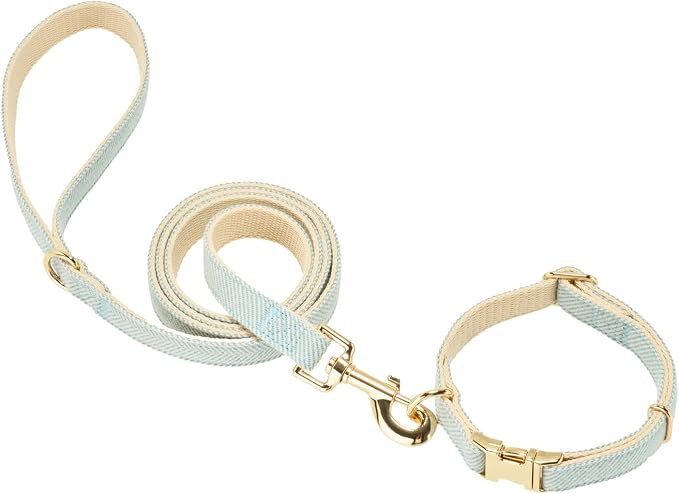 Luxury Soft Cotton Tweed Fabric Dog Collar & Leash Set with Gold Buckle – Durable Fabric, Stylish Design for Everyday Walks(Medium LtBlue)
