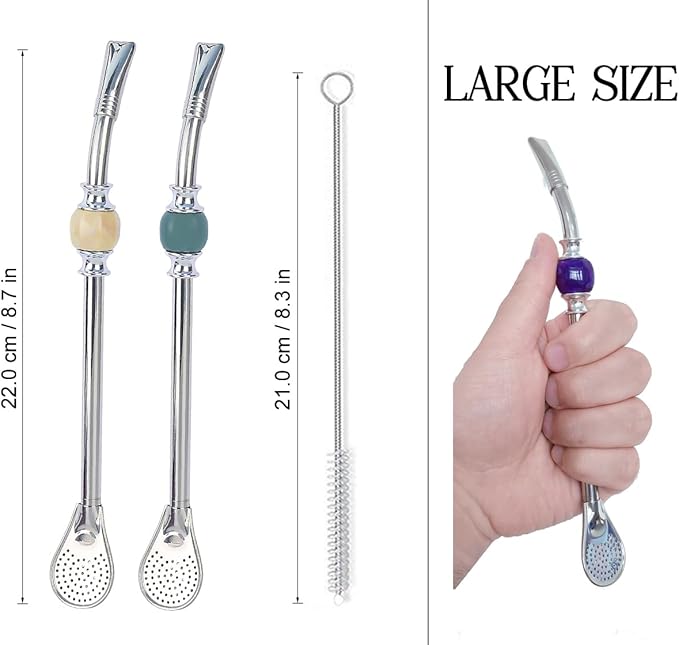 Yerba Mate Straws - Reusable Stainless Steel Bombilla Straw with Colorful Beads - Removable Head Filter (Light Brown - Ash Green)