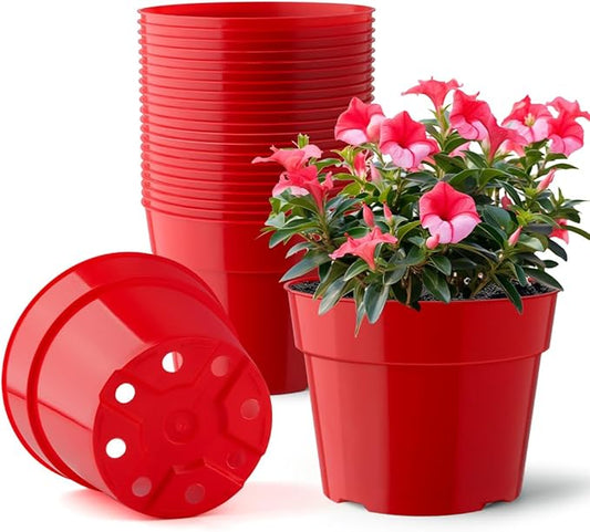 RooTrimmer 20 Pack 6 Inch Plant Pots, Thickened Plastic Flower Pots with 20 Pcs Water Collecting Trays, 20 Soil Block Mesh Pads, Red
