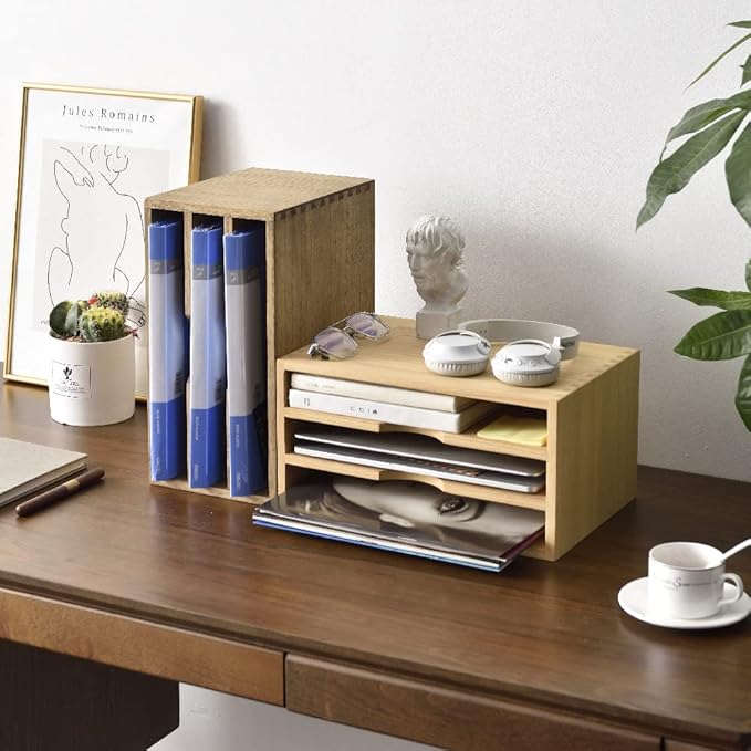 KIRIGEN Wooden Desktop Organizer, 3 Tier Solid Wood Letter Tray and Paper File Sorter for Desk, Freestanding Office Document Holder for Mail, Magazines, Folders, 13.78 x 9.45 x 7.08 in Brown 3KWJG-DBR