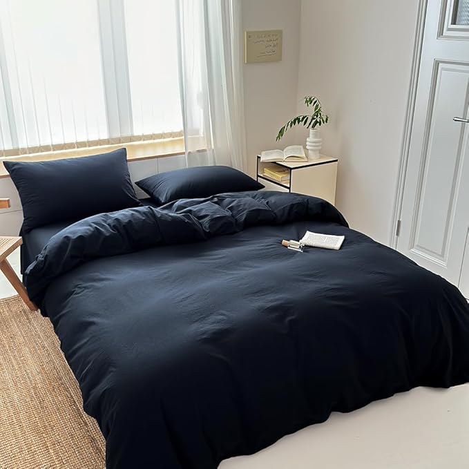 FACE TWO FACE Bedding Duvet Cover Set100% Washed Cotton Duvet Cover Linen Like Textured Breathable Durable Soft Comfy (California King, Tibetan Blue)