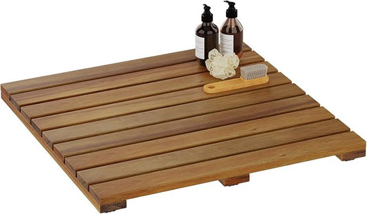 19.7"x19.7"Solid Acacia Wood Shower Mat, Non Slip Wooden Bath Mat, Indoor Outdoor Entryway Door Mat Multi-Purpose Plant Stand for Shower Bathtub Pool Spa Garden (Medium)
