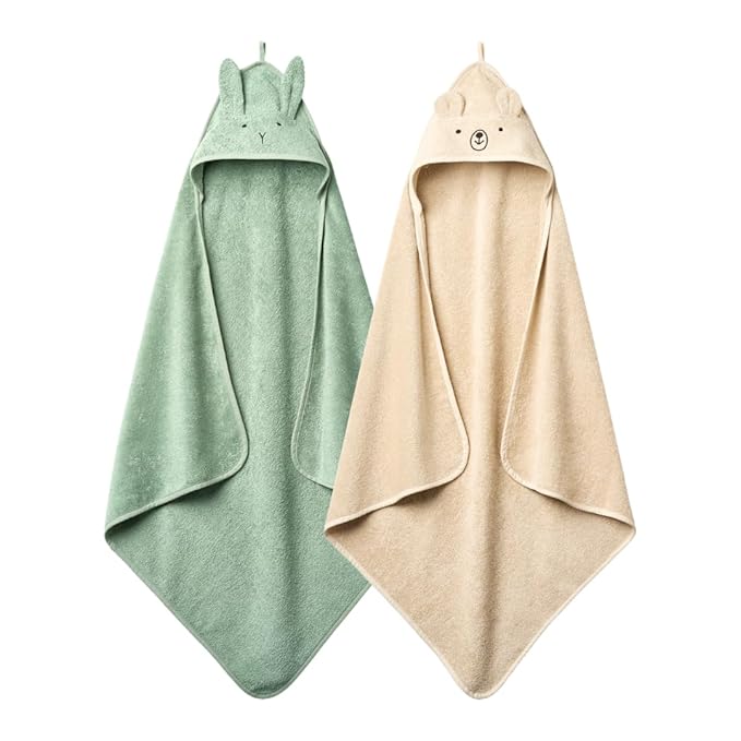 Hooded Baby Towels – 100% Organic Cotton Baby Bath Towels – Baby Boy and Girl Newborn Essentials - Super-Soft and Absorbent. (2-Pack Fog Bear and Roman Green Rabbit)
