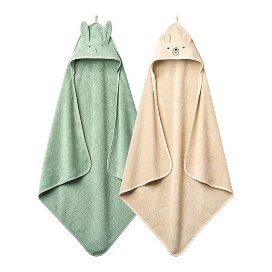 Hooded Baby Towels – 100% Organic Cotton Baby Bath Towels – Baby Boy and Girl Newborn Essentials - Super-Soft and Absorbent. (2-Pack Fog Bear and Roman Green Rabbit)