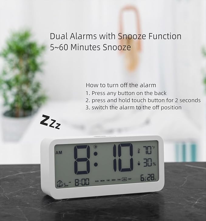 Digital Alarm Clock Battery Powered with Date | Indoor Temperature | Humidity | LCD Display | Dual Alarms | Snooze and Backlight Desk Small Clock (White)