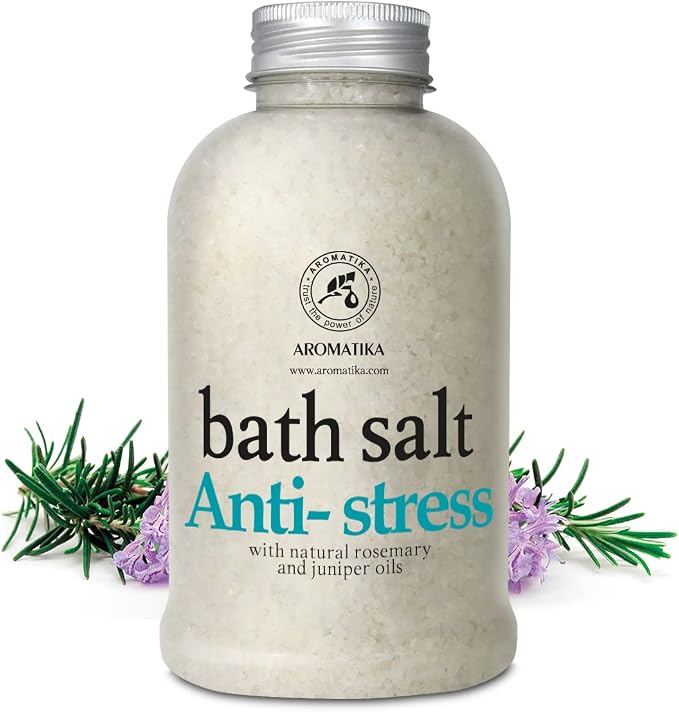 De-Stress Bath Salt 21.16 Oz w/Natural Rosemary & Juniper Oils - Natural Bath Sea Salts 600g - Best for Good Sleep - Relaxing - Calming - Body Care - Beauty - Aromatherapy