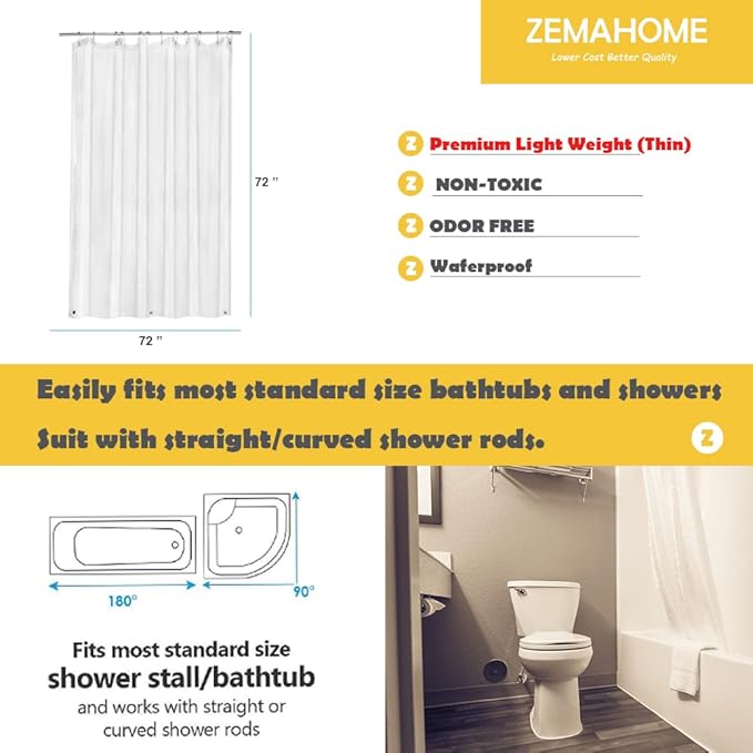 ZEMAHOME 10 Pack PEVA Plastic Shower Curtain Liner Premium Light Weight 72" x 72" Clear Bathroom Shower Showroom Curtain Liner with Rustproof Metal Gromments and Weighted Magnet