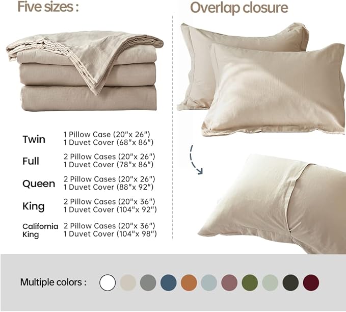 Simple&Opulence French Linen Duvet Cover Set 104"x 98"- 3 Pieces (1 Comforter Cover,2 Pillowcases)-Natural Flax Cotton Blend-Solid Color Breathable Farmhouse Bedding-Linen/Beige,California King