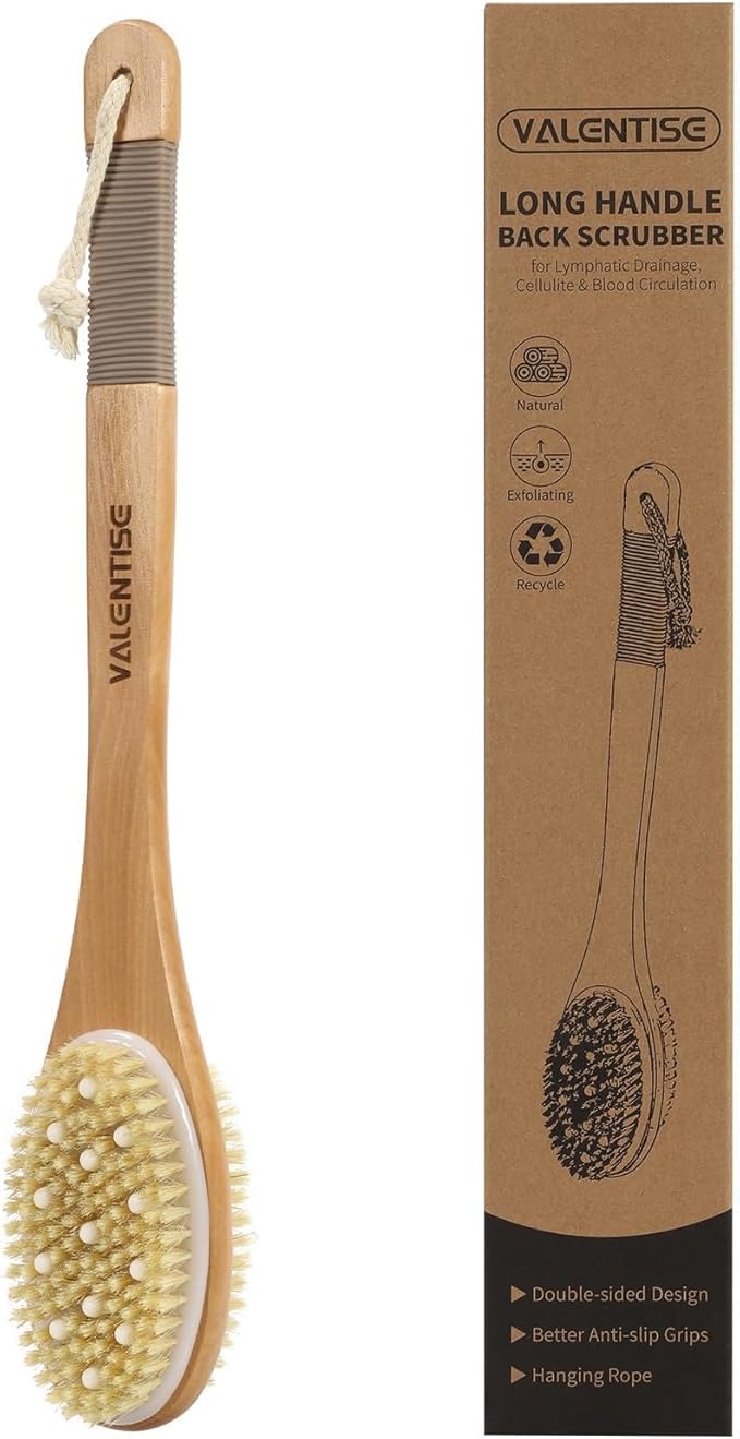 Back Scrubber for Shower, Shower Brush Long Handle with Boar Bristle and Massage Nodes, Exfoliating Body Scrubber for Lymphatic Drainage, Cellulite & Blood Circulation