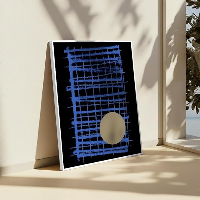 Monem Art Blue Grid Abstract Geometric Print - Modern Minimalist Art Poster - Wall Decor for Living Room, Bedroom or Office - 12x16 White Framed CANVAS Wall Art by Mareike Bohmer