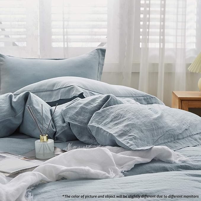 Simple&Opulence 100% French Flax Linen Duvet Cover Set with Embroidery Washed - 3 Pieces (1 Duvet Cover with 2 Pillow Shams) with Button Closure Soft Breathable Farmhouse - Dusty Blue, King Size