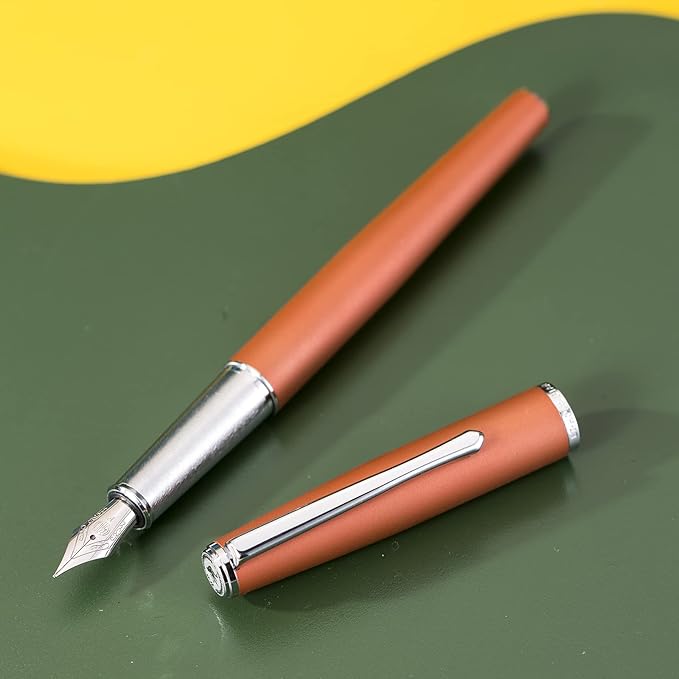 Hongdian 920 Orange Metal Fountain Pen Medium Nib Classic Pen, Includes Refillable Converter and Pen Pouch