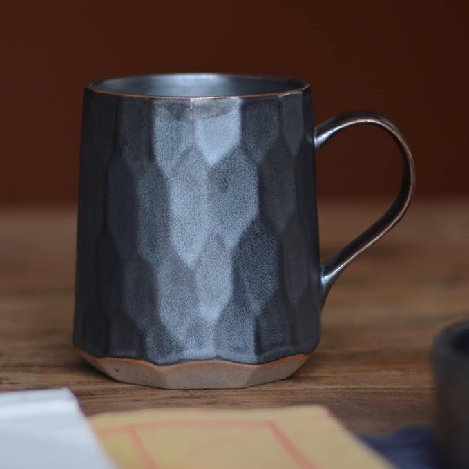 Personalized Handmade Stoneware Coffee Mug, Pottery Artisan Drinking Cup Coffee Cup, Insulated Ceramic Tea Mug for Home, Office or Gifts, Artistic Geometric, Metallic Black 14oz