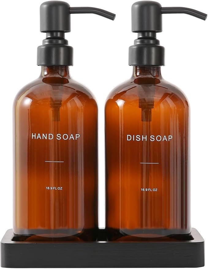 Liquid Dispenser Soap Dispenser Set Glass with Stainless Steel Pump Countertop Soap Bottle(Amber Bottle+Black Pump)