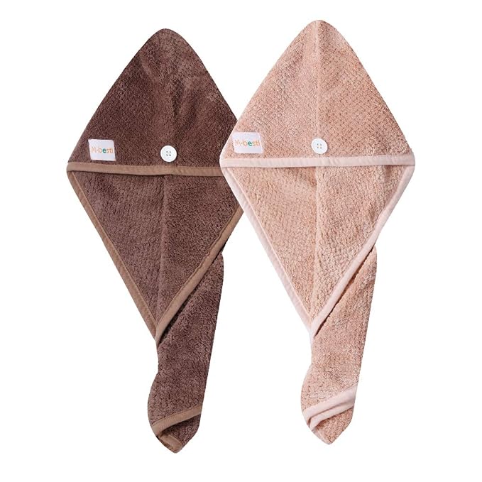 M-bestl 2 Pack Hair Drying Towels, Hair Wrap Towels, Absorbent Microfiber Hair Towel Turban with Button Design to Dry Hair Quickly(Coffee& Pink)