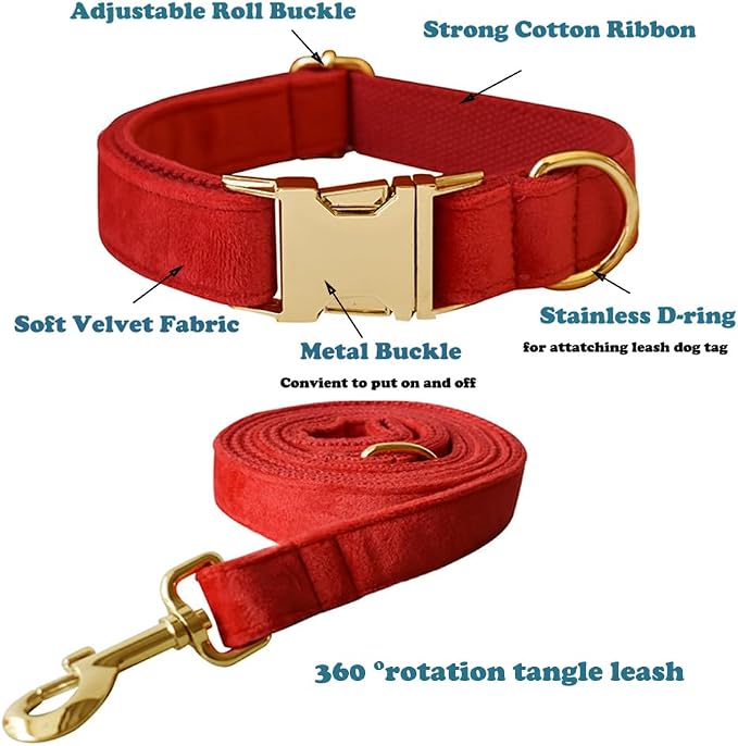 Love Dream Velvet Dog Collar and Leash Set, Soft & Comfy Adjustable Dog Leash and Collar with Heavy Duty Metal Buckle for Small Medium Large Dogs Training & Walking (Small, Red)