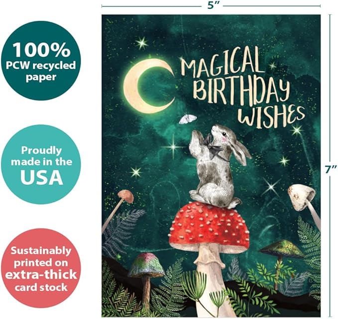 Tree-Free Greetings Magical Wishes Birthday Card - 1 Recycled 5x7 Card & Matching Envelope, Thick Cardstock, Made in USA - Witchy Mushroom Rabbit