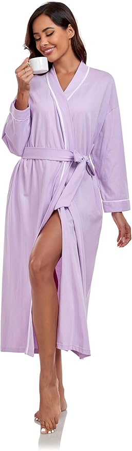 COLORFULLEAF 100% Cotton Women's Robes Summer Lightweight Kimono Soft Long Cotton Bathrobe for Women with Pockets