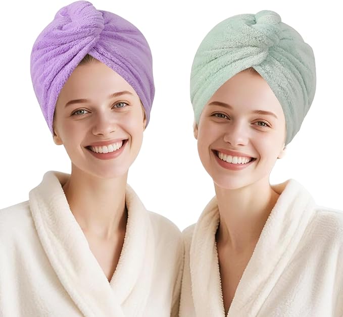 Microfiber Hair Drying Towel Wrap for Women, Hair Turbans Towel for Wet Hair,turbie Twist Hair Towels(The Color of the Picture is for Reference only) (Purple,Light Green)